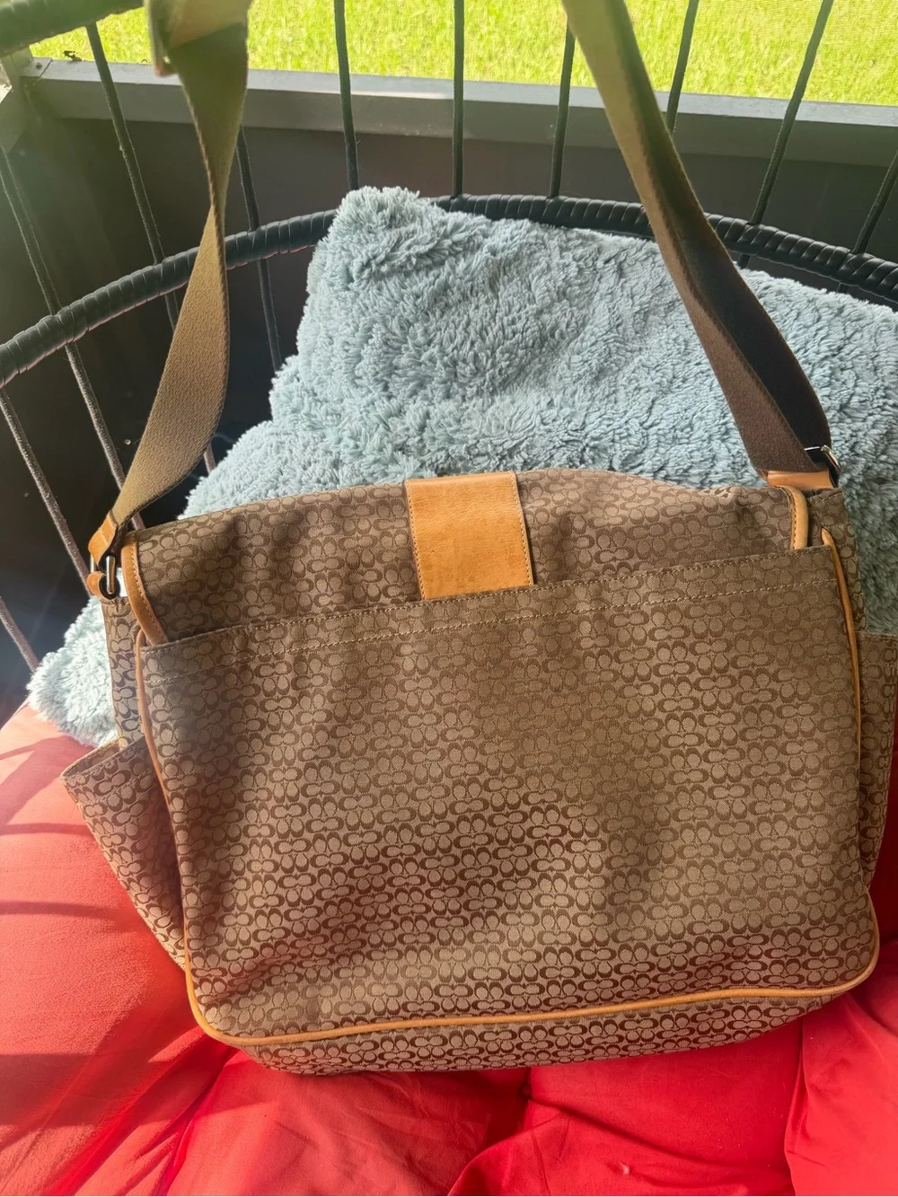 Coach Brown Signature Canvas Messenger with Tan Leather Stripe